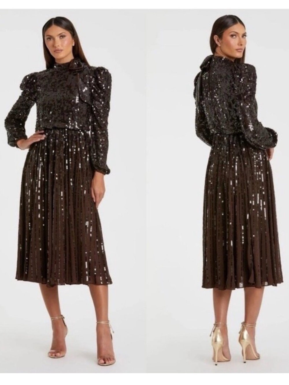 Mac Duggal Dark Brown Sequins Long Sleeve Bow Tea Length Formal Dress Size 6 NEW